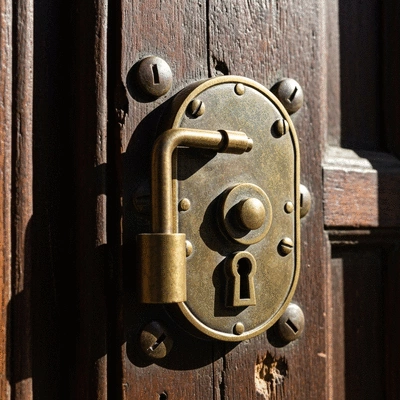 Close-up of an ornate antique lock with intricate details on a wooden door, showing signs of age but well-maintained, no text, no words, no typography, clean image