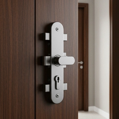 Gros plan sur une serrure multipoints installée sur une porte en bois, mettant en évidence les multiples points de verrouillage, dans une maison moderne et sécurisée, no text, no words, no typography, clean image, 8K