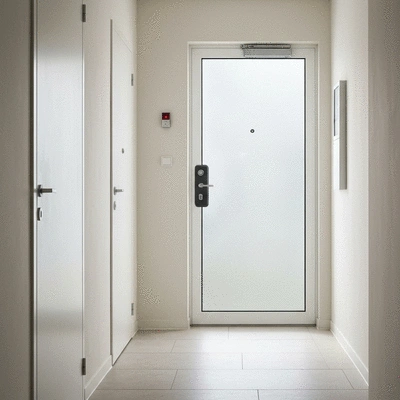 Porte blindée moderne dans un couloir d'appartement