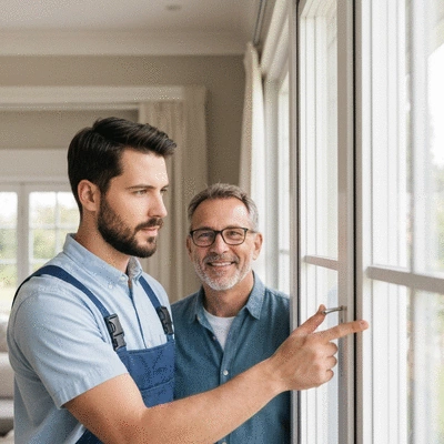 Audit de sécurité professionnel d'une maison, serrurier montrant des points faibles