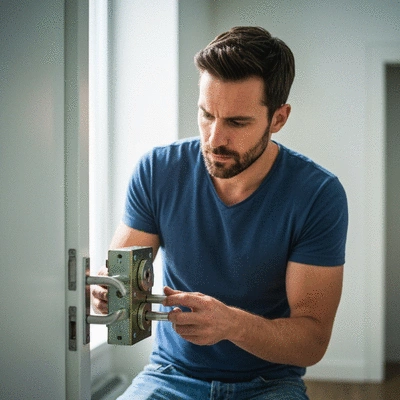 Personne examinant une serrure de porte multipoints