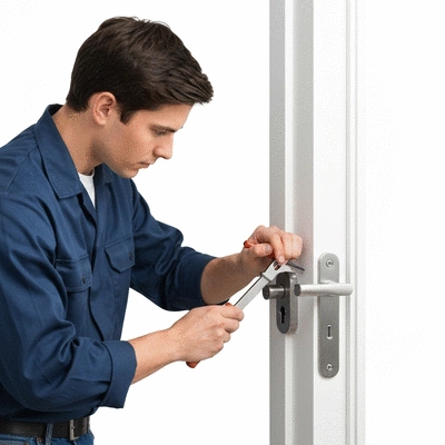 Serrurier professionnel utilisant des outils pour ouvrir une serrure sans dommage sur une porte moderne