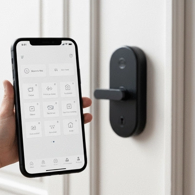 Un smartphone affichant une application de contrôle de sécurité à domicile, avec une serrure intelligente en arrière-plan