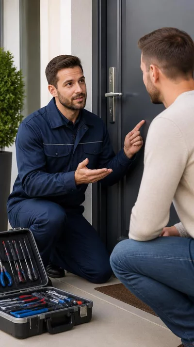 Un serrurier professionnel en uniforme, avec une boîte à outils ouverte, discutant avec un client devant une porte. L'accent est mis sur l'interaction et la clarté de la communication. no text, no words, no typography, no labels, clean image
