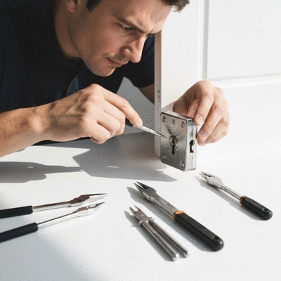 Professional locksmith inspecting a door lock