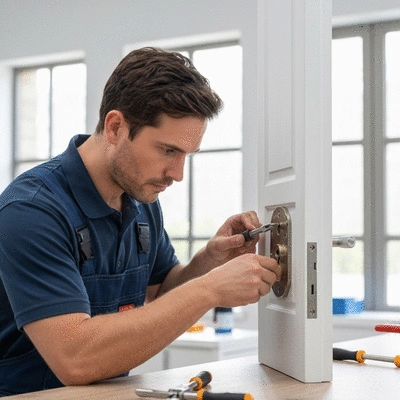 Professional locksmith inspecting a door lock with tools, in a clean workshop or home setting, no text, no words, no typography