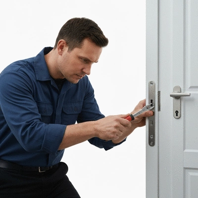 Serrurier travaillant sur une serrure de porte