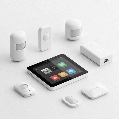 Système d'alarme moderne avec panneau de contrôle et capteurs