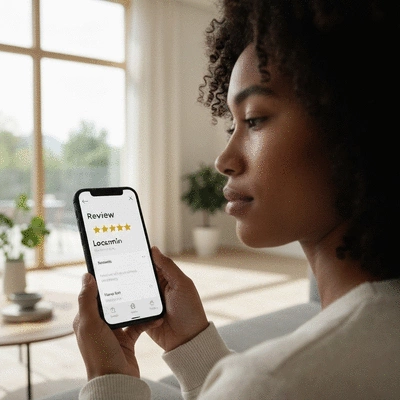 Personne vérifiant des avis en ligne sur un smartphone pour un serrurier, dans un environnement domestique