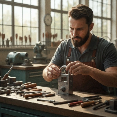 Serrurier métallier travaillant sur une serrure de haute sécurité