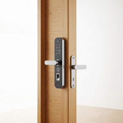 Modern smart lock with a digital keypad and fingerprint scanner on a wooden door, bright and clean background, no text, no words, no typography, 8K