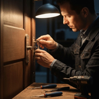 Serrurier en action, réparant une serrure endommagée sur une porte, outils de serrurier à proximité, lumière ambiante, no text, no words, no typography, clean image