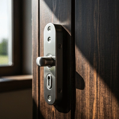 Gros plan sur une serrure multipoints moderne installée sur une porte en bois, lumière naturelle, ambiance sécurisée