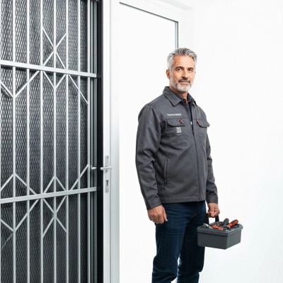 Serrurier tenant une boîte à outils devant une porte sécurisée, symbolisant la fiabilité et l'expertise.