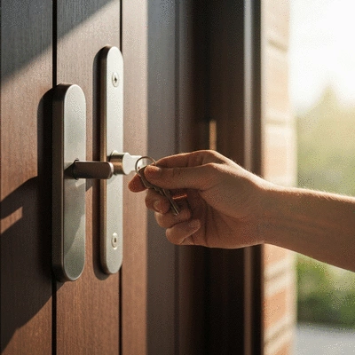 Main tenant une clé devant une porte d'entrée sécurisée