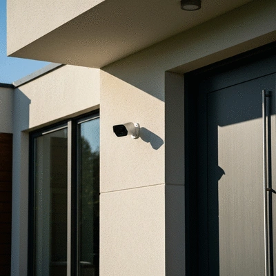 Une maison moderne avec un système de sécurité visible