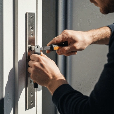 Serrurier professionnel installant une serrure multipoint sur une porte moderne