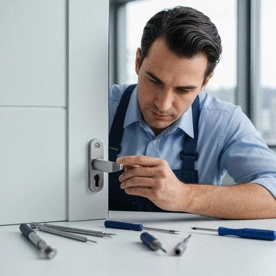 Serrurier professionnel inspectant une serrure sur une porte