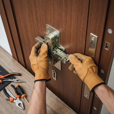 High-angle shot of a locksmith inspecting a multipoint lock mechanism