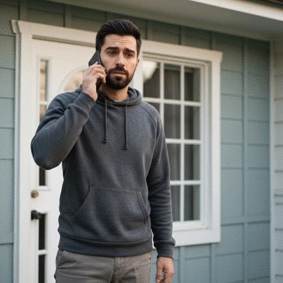 Personne calme composant un numéro d'urgence sur un téléphone portable à l'extérieur d'une maison