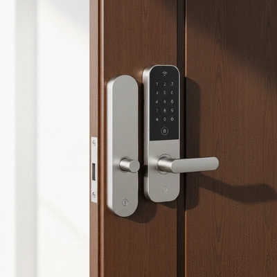 Un système de serrure connectée sur une porte en bois, avec une interface numérique et un design élégant.