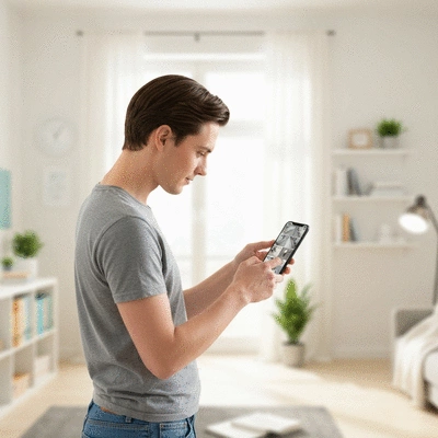 Person checking security cameras on a smartphone at home