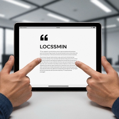 Gros plan sur un devis de serrurier sur une tablette, mains indiquant les détails, no text, no words, no typography, clean image