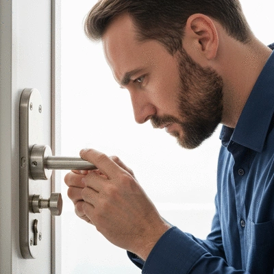 Un expert en sécurité inspectant une serrure de porte de domicile moderne