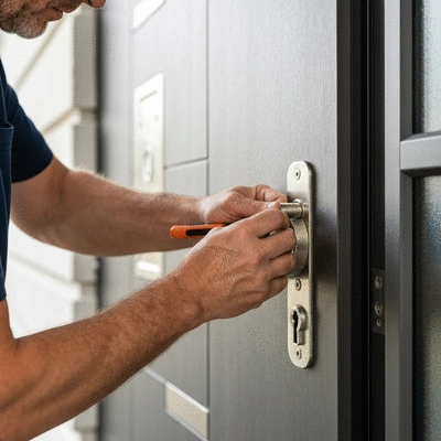 Serrurier professionnel installant une nouvelle serrure sur une porte d'entrée, gros plan sur les mains et la serrure
