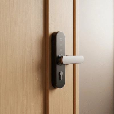 Serrure électronique moderne sur une porte en bois clair