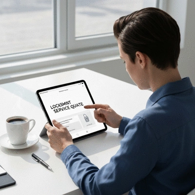 Personne examinant un devis de serrurerie sur une tablette