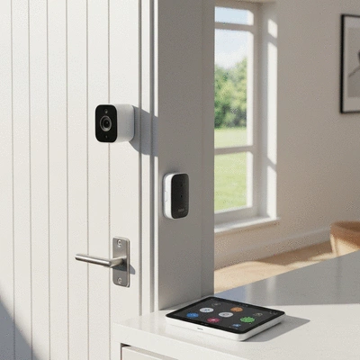 Un système de sécurité domestique intelligent avec une caméra, un capteur de porte et un panneau de contrôle sur une surface moderne.