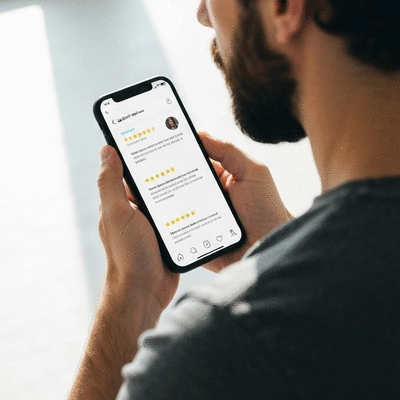Personne consultant des avis clients sur un smartphone concernant un serrurier