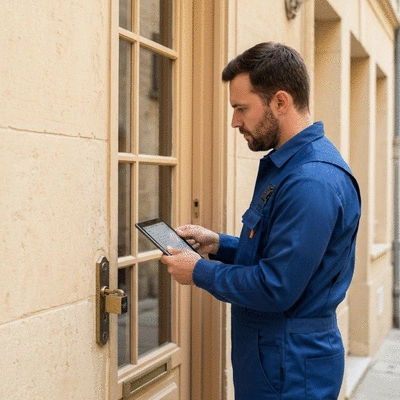 Expert serrurier réalisant un audit de sécurité détaillé sur une porte d'entrée à Avignon