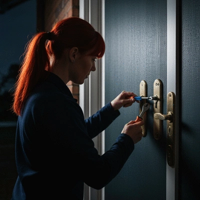 Serrurier d'urgence réparant une serrure de porte, avec des outils professionnels, ambiance nocturne, no text, no words, no typography, clean image