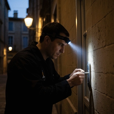 Serrurier intervenant en urgence sur une serrure de porte la nuit, avec une lampe frontale, à Avignon, no text, no words, no typography, clean image