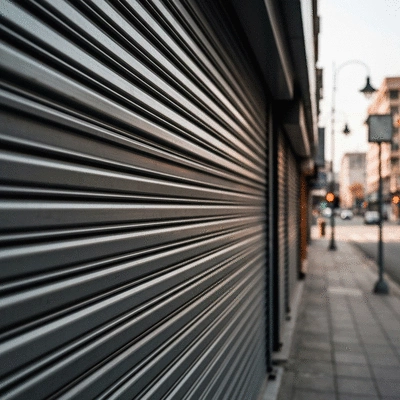 Industrial metallic rolling shutter protecting a storefront