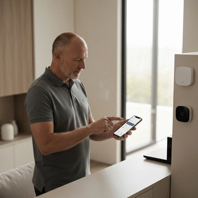 Personne utilisant un smartphone pour contrôler un système de sécurité domestique intelligent