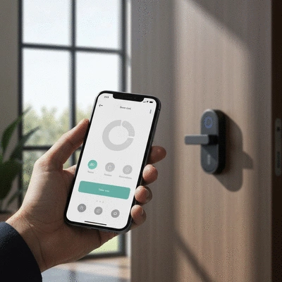 Hand using a smartphone to control a smart lock remotely