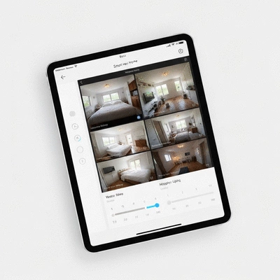 Smart home interface on a tablet showing security and lighting controls