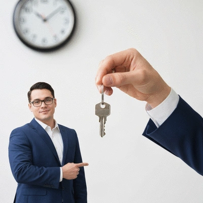 Une main tend une clé nouvellement reproduite à un client, avec une horloge floue en arrière-plan symbolisant la rapidité du service express.