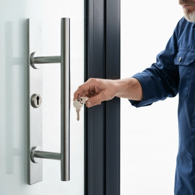 Person using a key to lock a door, illustrating security and maintenance