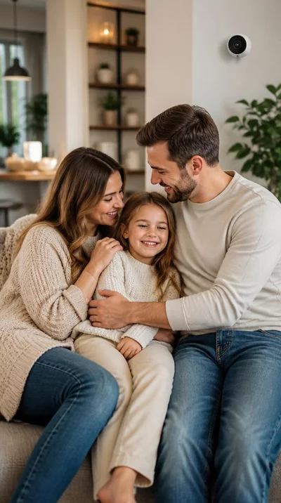 Famille se sentant en sécurité dans leur maison moderne et bien protégée