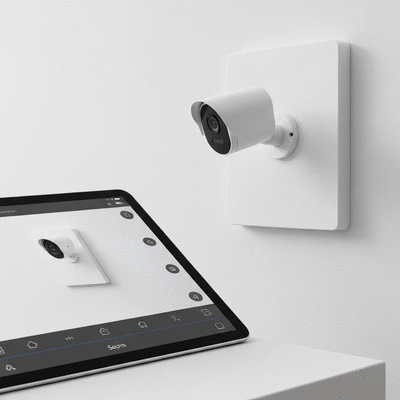 Modern smart home security system with a tablet and security camera