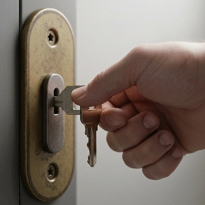 Gros plan d'une main tenant une clé dans une serrure, avec un effet de lumière douce