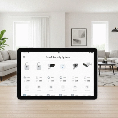 Smart home security system interface on a tablet, displaying connected locks and cameras