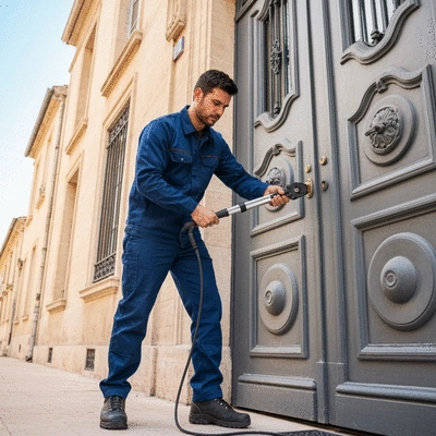 Serrurier métallier installant une serrure de sécurité sur une porte d'entrée, Avignon