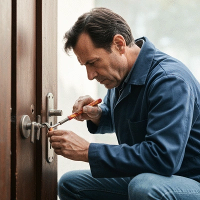 Serrurier travaillant sur une serrure de porte