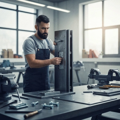 Serrurier métallier travaillant sur une porte blindée