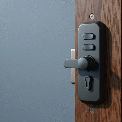 Gros plan sur une serrure haute sécurité installée sur une porte en bois